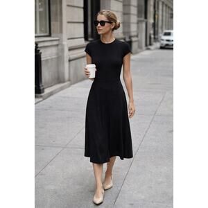 KiraGrace Black Midi Dress Small Minimalist Cap Sleeve Fit Flare CBK Classic